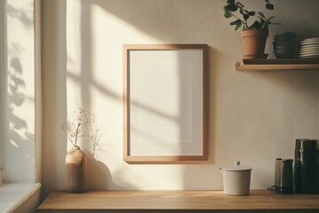 In a charming Paris apartment kitchen, a vertical picture frame awaits a meaningful poster. Soft daylight filters through, creating a serene and cozy atmosphere amid natural elements