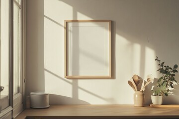 In a charming Paris apartment kitchen, a vertical picture frame awaits a meaningful poster. Soft daylight filters through, creating a serene and cozy atmosphere amid natural elements