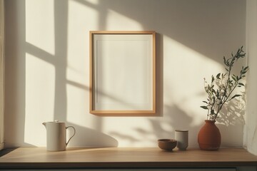 In a charming Paris apartment kitchen, a vertical picture frame awaits a meaningful poster. Soft daylight filters through, creating a serene and cozy atmosphere amid natural elements