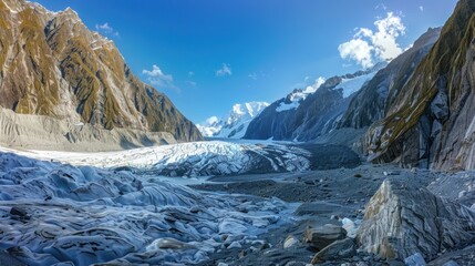 Panoramic view on view of the glacier and Blue Sky around.