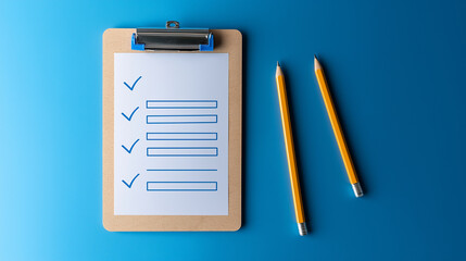 Clipboard showing a checklist with pencils on a blue background
