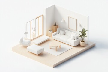 Fototapeta premium Isometric room. This serene living room features an open interior with modern furnishings bathed in natural light, creating a cozy atmosphere perfect for relaxation and tranquility
