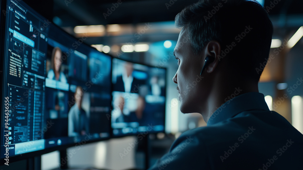 Poster Security operator working late at night in system control room with multiple monitors