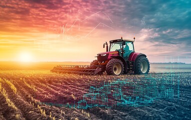 Fototapeta premium Farm with Digital Commodity Prices and Market Trends, Highlighting Agriculture’s Role in Global Market