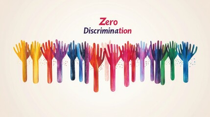 Stylized Colorful hands with text "Zero discrimination" on white background. Equality concept, zero discrimination day, LGBT minorities.
