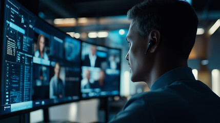 Security operator working late at night in system control room with multiple monitors