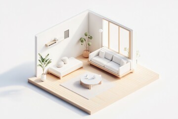 This open living room embodies Muji style with its minimalist furniture, abundant natural light, and tranquil ambiance, creating a perfect space for relaxation and comfort. Isometric style room