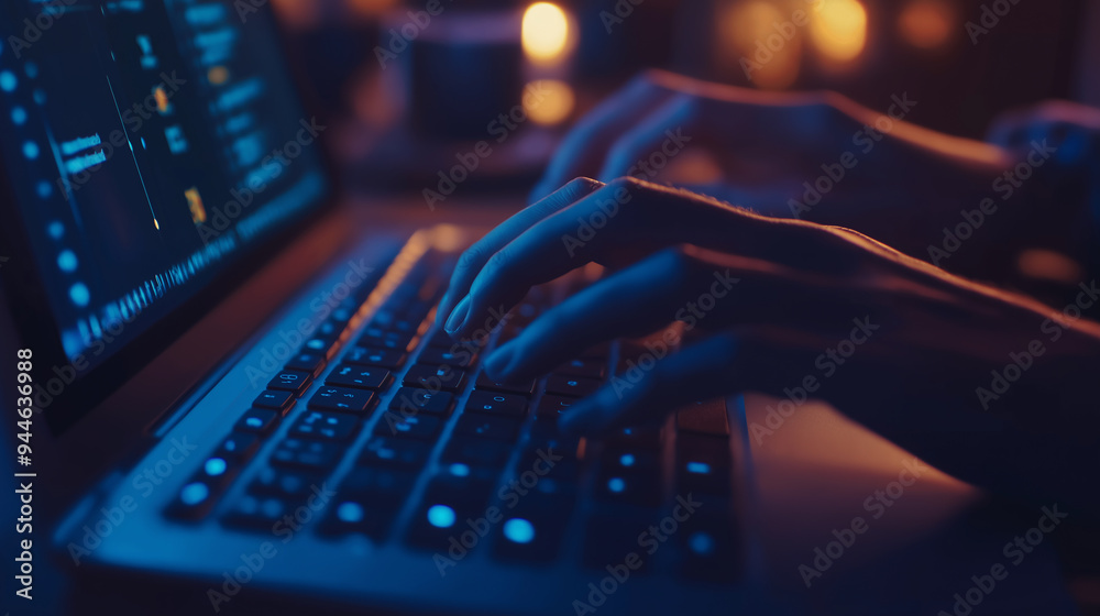 Poster Software developer working late on laptop computer keyboard at night