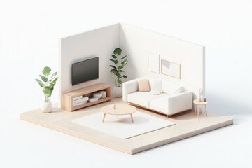 This open living room embodies Muji style with its minimalist furniture, abundant natural light, and tranquil ambiance, creating a perfect space for relaxation and comfort. Isometric style room