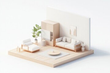 This open living room embodies Muji style with its minimalist furniture, abundant natural light, and tranquil ambiance, creating a perfect space for relaxation and comfort. Isometric style room
