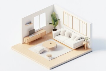 This open living room embodies Muji style with its minimalist furniture, abundant natural light, and tranquil ambiance, creating a perfect space for relaxation and comfort. Isometric style room