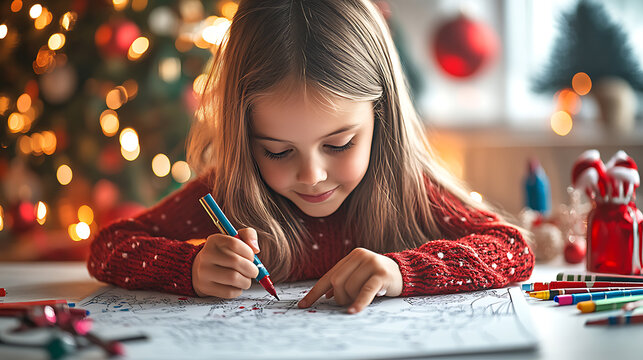 A young girl is drawing a picture of a Christmas tree