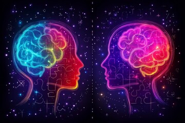 Artistic rendering of two profiles with colorful puzzle piece brains symbolizing the vibrant dynamic and interconnected nature of thoughts emotions and identities in relationships