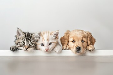 Cute little kitten and two puppies looking sadly to the camera