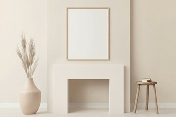 This serene living room showcases a light beige color palette, featuring a minimalist fireplace with an elegant empty frame above, creating a warm and inviting atmosphere for art enthusiasts. Mockup