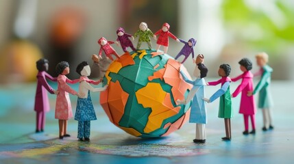 Paper people in different outfits hold hands in front of a globe on , symbolizing global unity and diversity. The concept of the day "Zero discrimination"