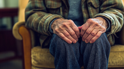 Senior man sitting with folded hands showing age and wisdom