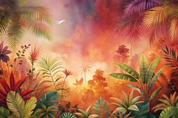 Vibrant tropical landscape with lush foliage and a dreamy sunset capturing the essence of nature's beauty at dusk in a serene rainforest setting. Generative AI