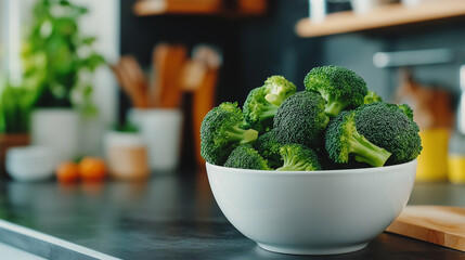 Freshly washed broccoli sitting in bowl on kitchen countertop