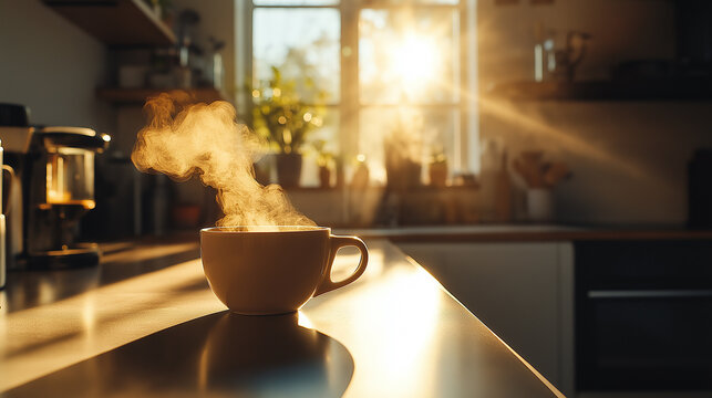Steaming cup of coffee standing on kitchen counter in the morning sun