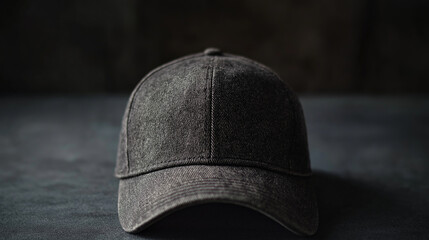 Black baseball cap standing on a dark background