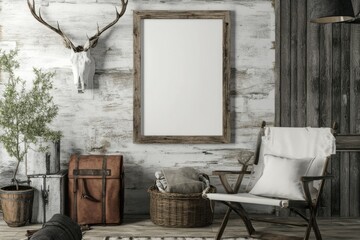 A stylish rustic interior showcases a cozy couch adorned with decorative pillows, an empty frame mockup prominently displayed on a warm wooden wall, enhancing the inviting atmosphere. Mockup