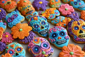 flat lay photography A bunch of sugar skull shaped cookies decorated with flowers, sugar skulls decorated for the Day of the Dead, sugar cookie dia de los muertos theme backdrop