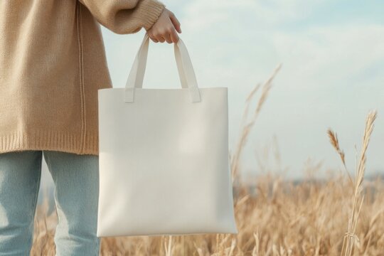 A woman is holding a blank solid white canvas tote bag outdoors during sunset. The bag is shown in close-up, highlighting its simple design and versatile use. Mockup