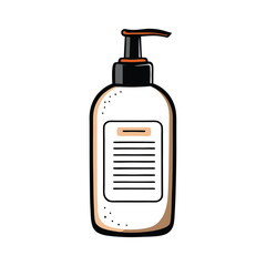 A detailed vector illustration of a body wash bottle with a pump dispenser, black cap, and a label. The bottle is opaque with a light tan color.