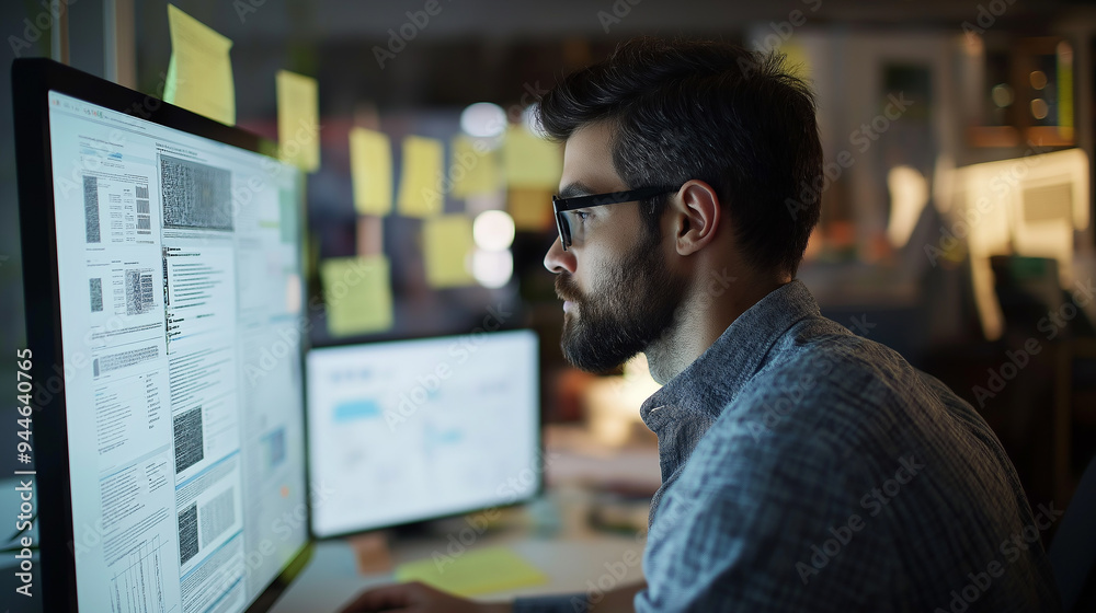 Poster Software developer working on computer in office at night