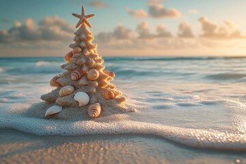A festive Christmas tree adorned with seashells sits on sandy beach during sunset, blending holiday spirit with coastal beauty