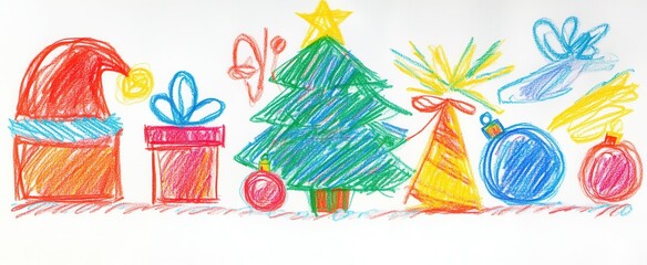 A colorful holiday drawing featuring a cheerful Santa Claus, a decorated Christmas tree, and festive gifts during winter celebrations