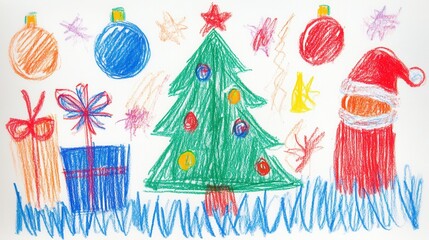 A colorful holiday drawing featuring a cheerful Santa Claus, a decorated Christmas tree, and festive gifts during winter celebrations naive bg