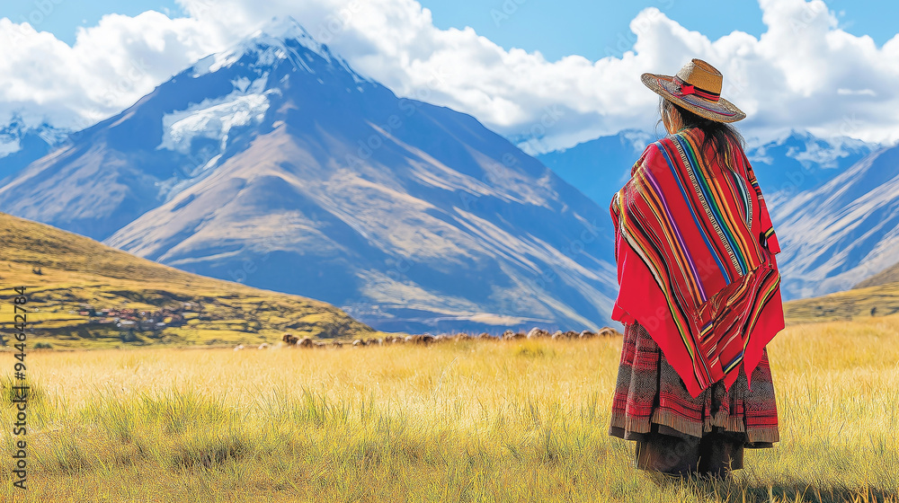 Wall mural indigenous woman wearing traditional andean clothing standing in the sacred valley peru