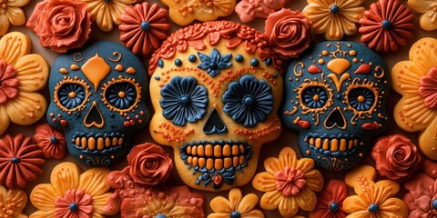 flat lay photography A bunch of sugar skull shaped cookies decorated with flowers, sugar skulls decorated for the Day of the Dead, sugar cookie dia de los muertos theme backdrop
