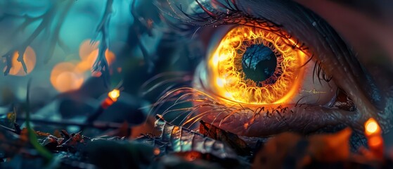 A mystical close-up of a fiery eye in a forest during twilight