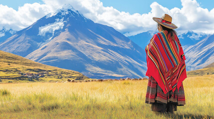 Indigenous woman wearing traditional andean clothing standing in the sacred valley peru