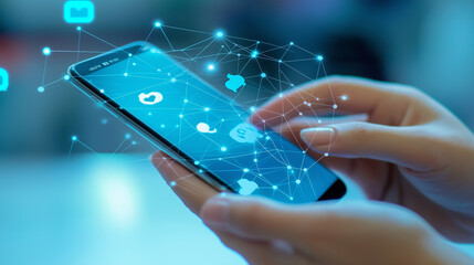 Woman holding smartphone using social media app with network overlay