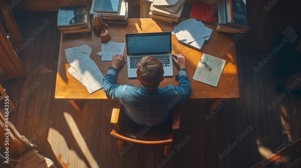 Poster Young man working from home office using laptop computer
