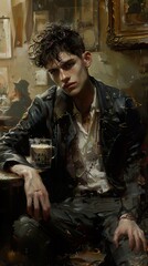 Obraz premium Portrait of a Man in a Leather Jacket Sitting at a Table