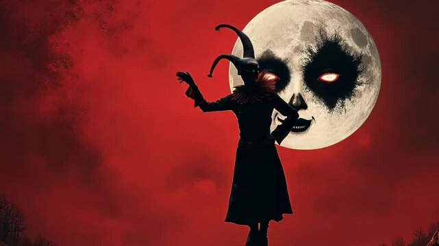 Medieval jester dances beneath two-faced moon. Ebony silhouette contrasts against textured crimson background. Eerie atmosphere evokes dark fantasy and folklore themes. 
