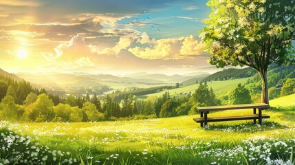 Obraz premium Peaceful sunrise over a green valley with a bench.