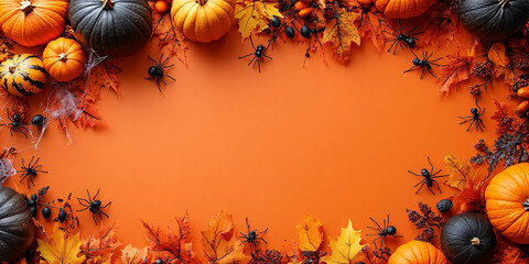 Fototapeta premium Halloween decorations on orange background, top view flatlay mockup with pumpkins, spiders and cobweb.