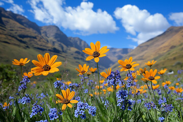 Fototapeta premium Vibrant yellow flowers blooming in mountain meadow landscape