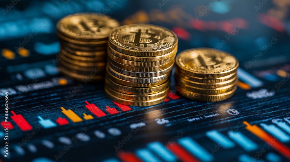 Poster stacks of gold bitcoin coins sitting on a graphing calculator showing market data
