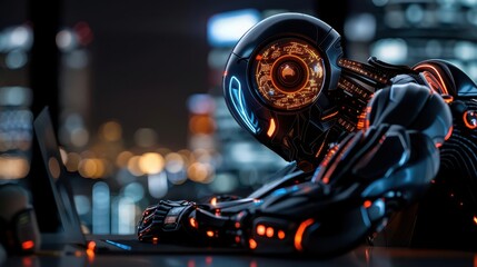 Fototapeta premium Photo-realistic artificial intelligence robot analyzing data in a futuristic office, intricate details, hyper-realistic textures, high resolution