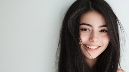 Naklejka premium Beautiful woman with long black hair poses against a white wall backdrop, ideal for commercial use or banner ads. The clean background accentuates her striking features.