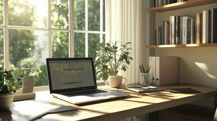 Home office desk by the window on sunny summer day with plants and laptop computer
