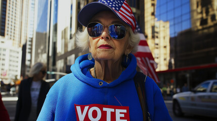 Senior woman wearing vote sticker and usa flag hat is protesting in the city