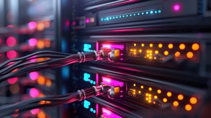 Photo-realistic cloud computing data center, vast server racks, glowing digital connections, high-resolution details, vibrant colors